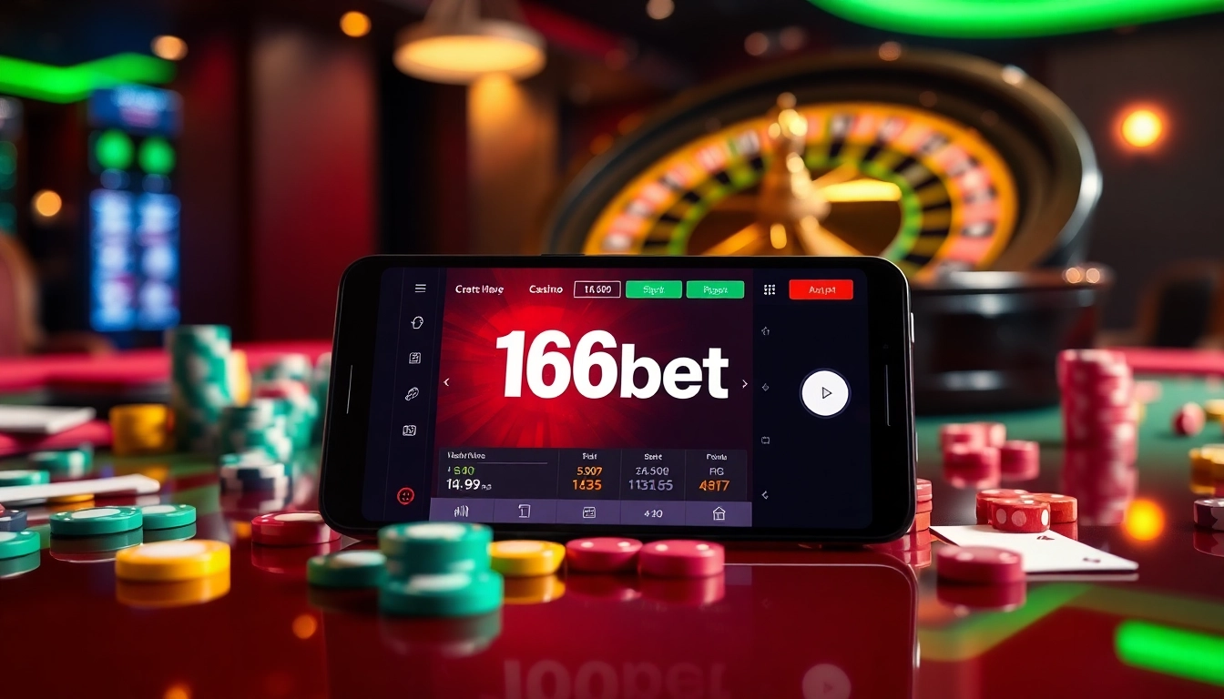 Experience the excitement of gambling with the 166bet App showcased in a luxurious casino setting.