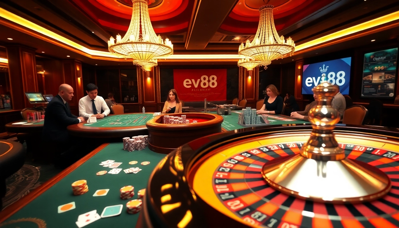 Exciting casino atmosphere showcasing ev88 gaming tables, roulette, and poker chips.
