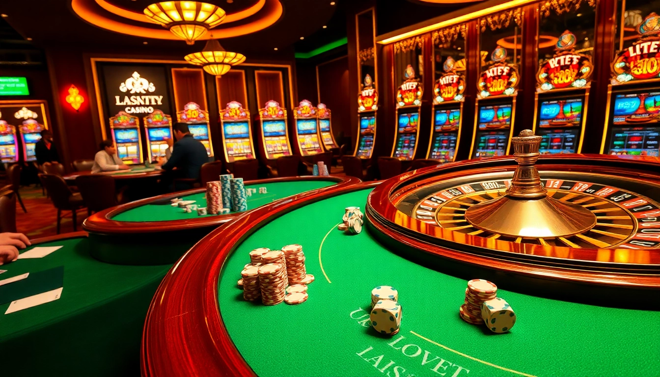 Experience the thrill of winning big at https://luck8.plus/ with an engaging casino scene showcasing vibrant tables and games.