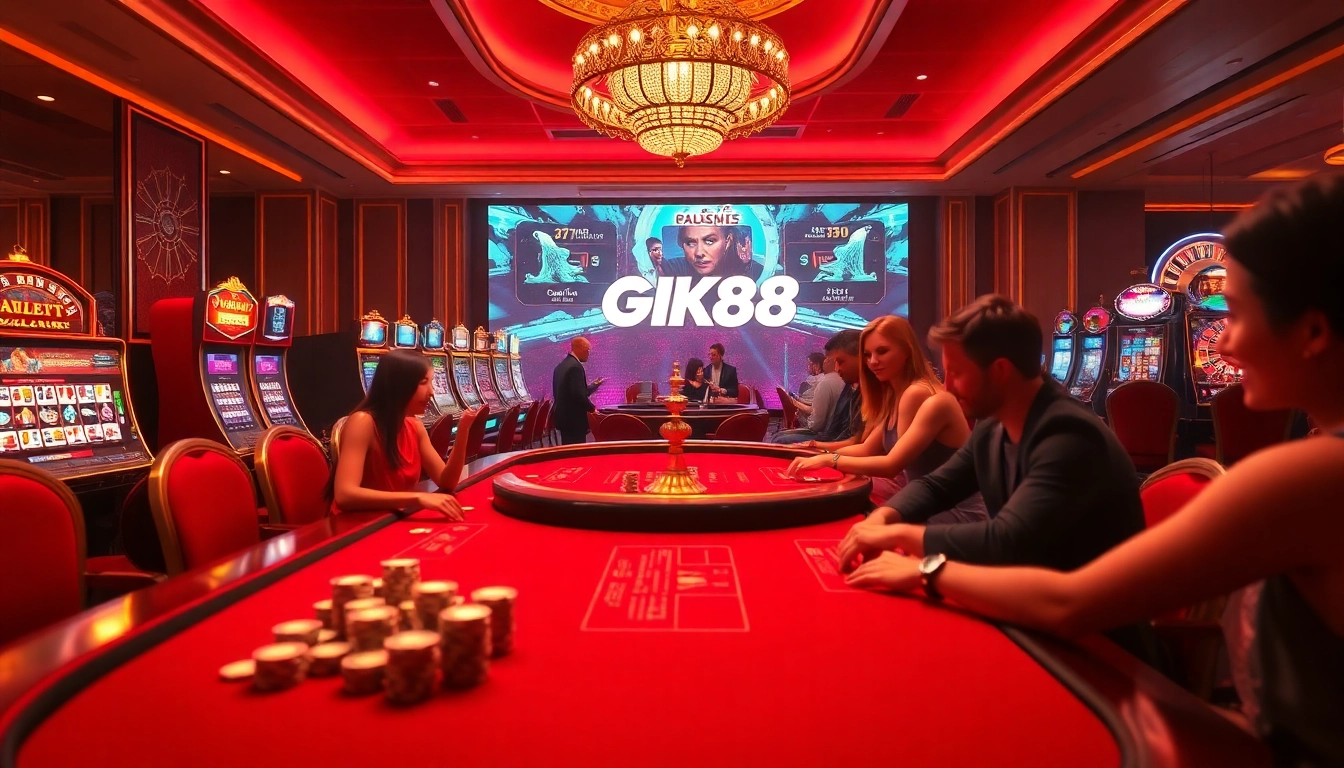 Players enjoying GK88's casino games amidst a vibrant and luxurious gambling scene.