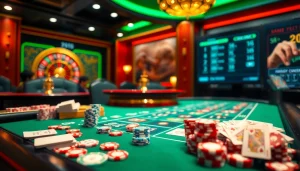 Exciting game bài action at a luxurious casino with poker chips and cards.