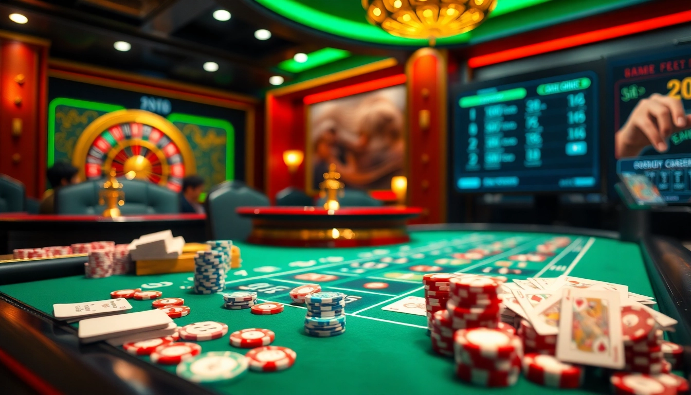 Exciting game bài action at a luxurious casino with poker chips and cards.