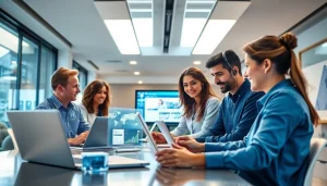 在现代办公室中，一组团队正在使用美洽官网智能客服平台并查看数字仪表板的场景。