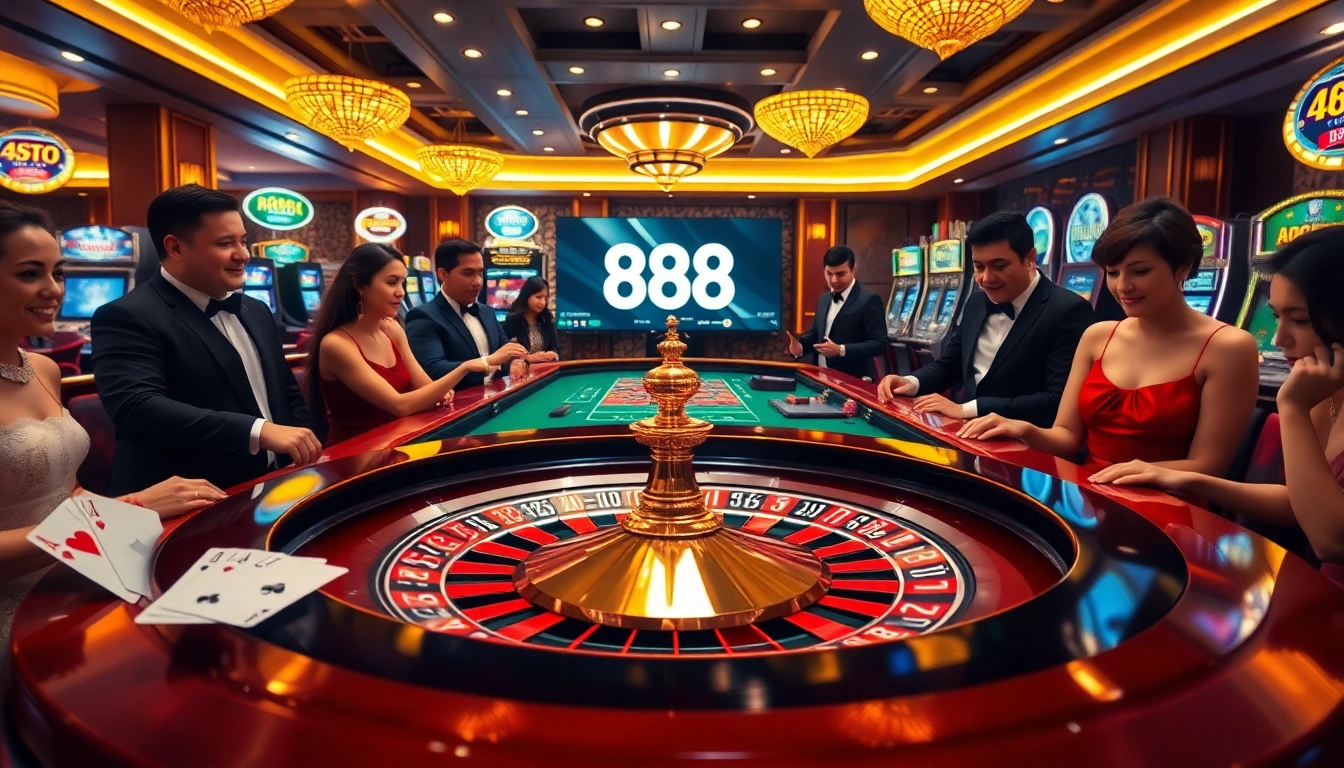 Experience Hướng Dẫn 888new with an exciting scene of betting chips and roulette wheels in a luxurious casino.