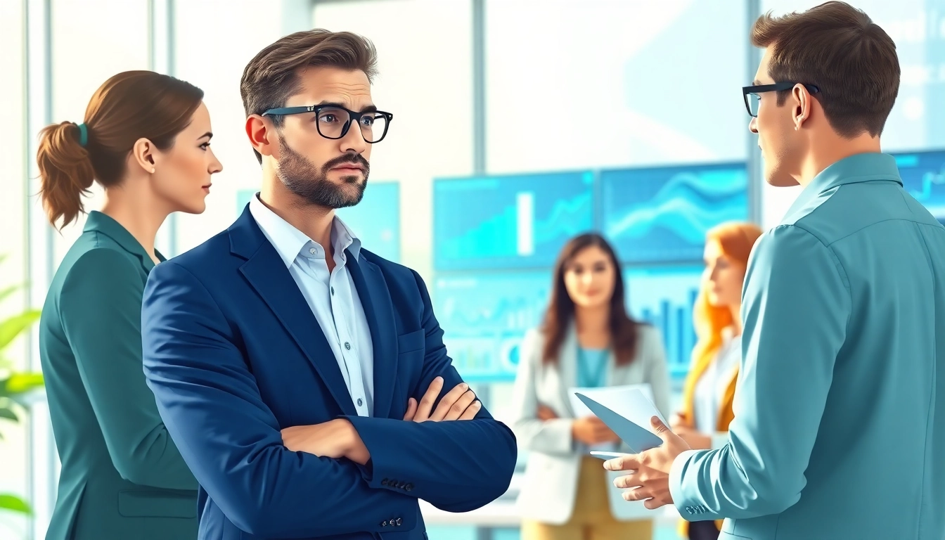 Headhunter IT discussing opportunities with professionals in a tech-savvy environment.