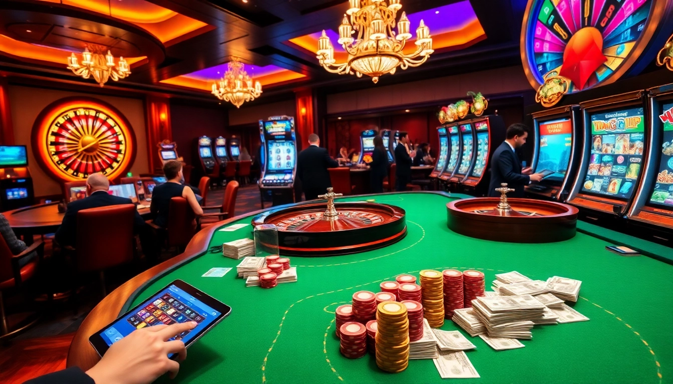 Action-packed scene at 789win club showcasing excitement at casino tables and slot machines.