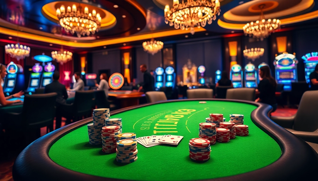 B52 Club poker table with colorful chips in an elegant casino setting, embodying excitement and luxury.