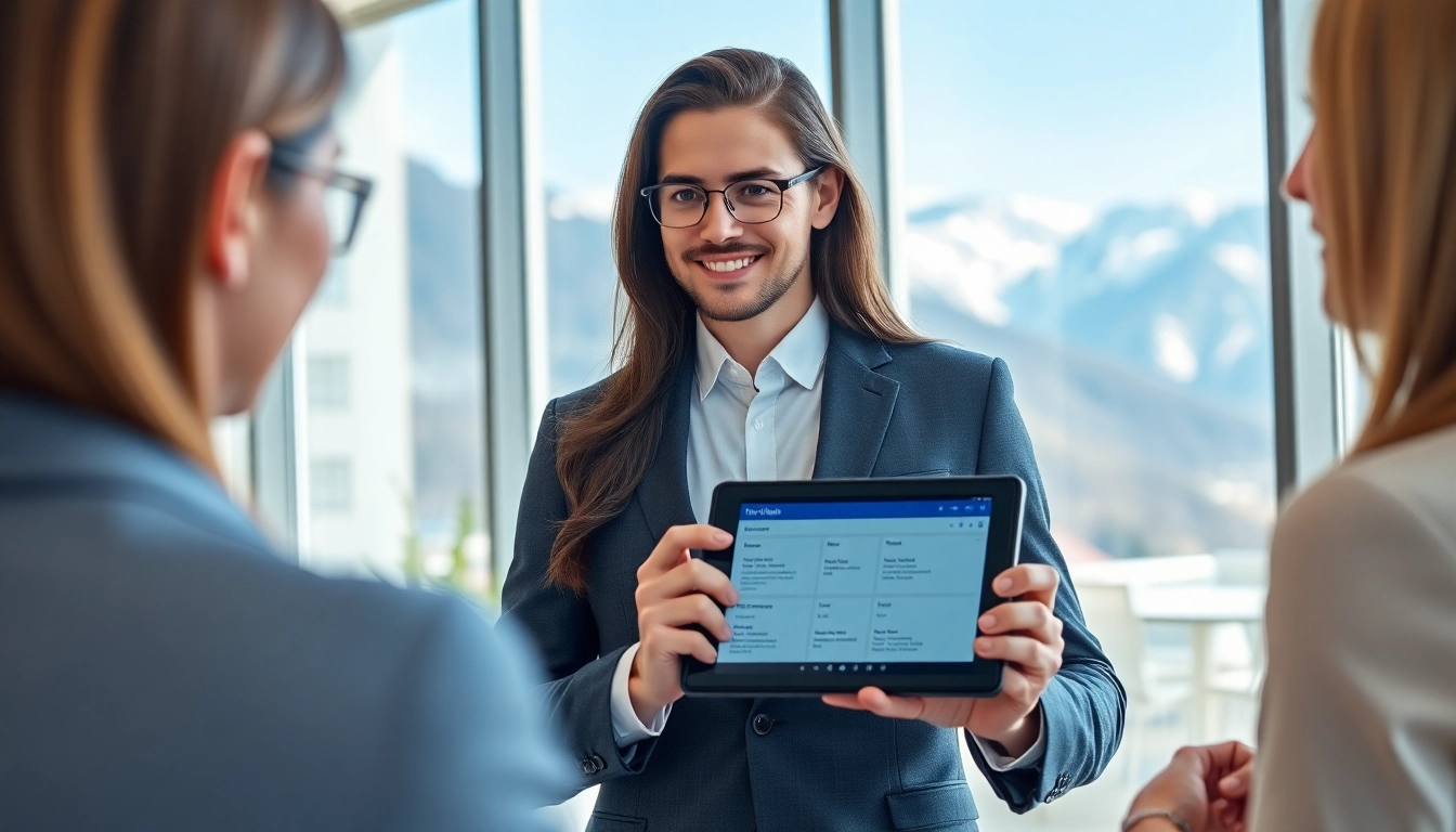 Headhunter Schweiz in einem modernen Büro, das mit einem Kandidaten interagiert.