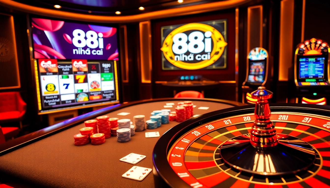 Experience the excitement of 88i nhà cái with vibrant roulette, poker, and slot games in a luxurious casino scene.