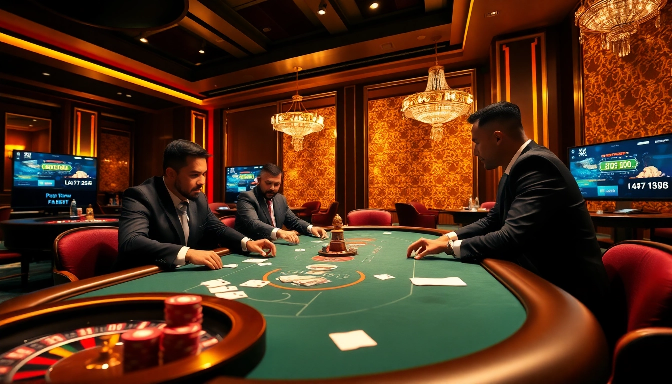 Experience thrilling poker action at https://f8bet.ventures/ with players, chips, and cards in a luxury casino setting.