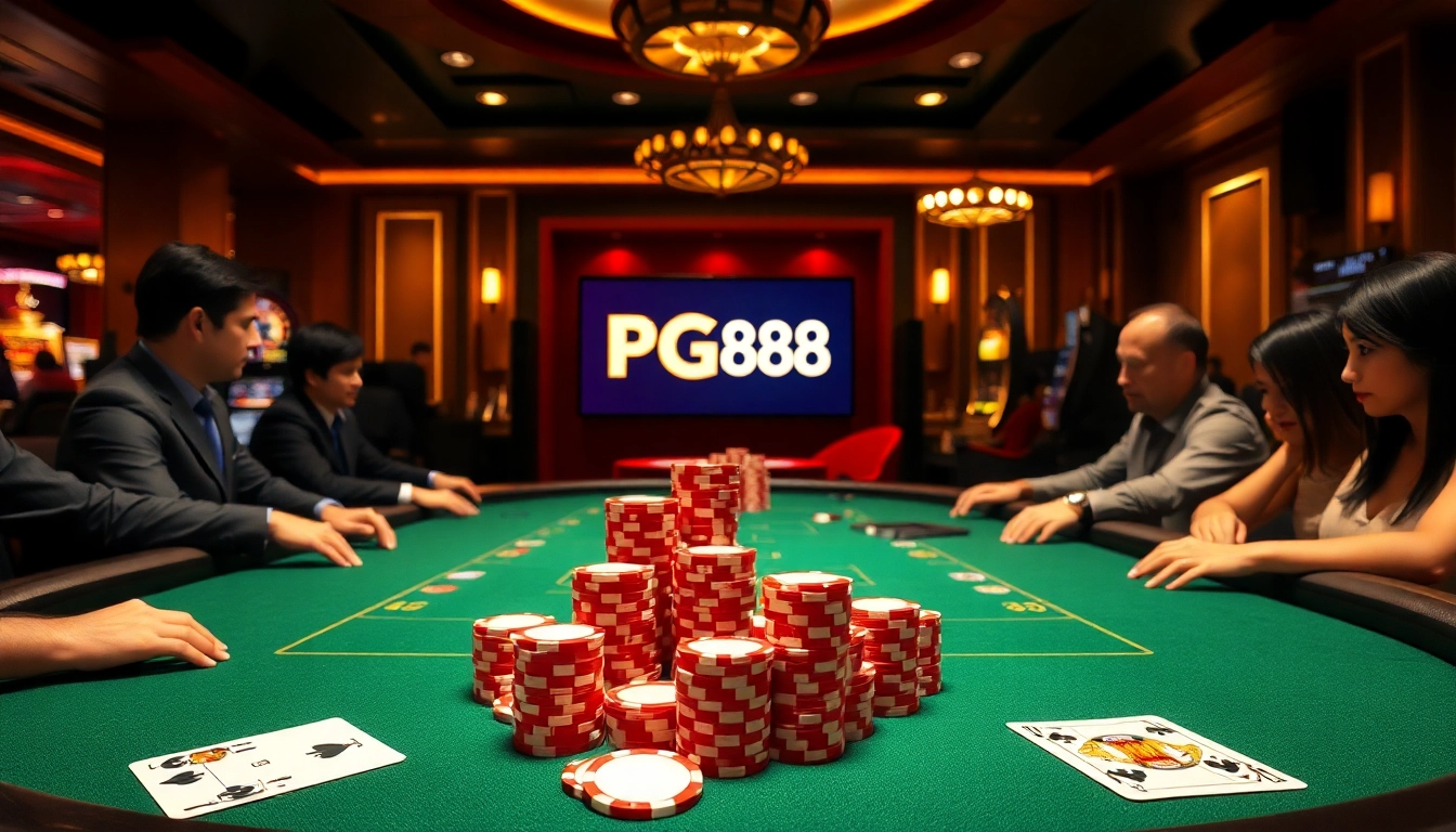 Engaging players at a PG88 poker table surrounded by vibrant chips and cards in a luxurious casino.