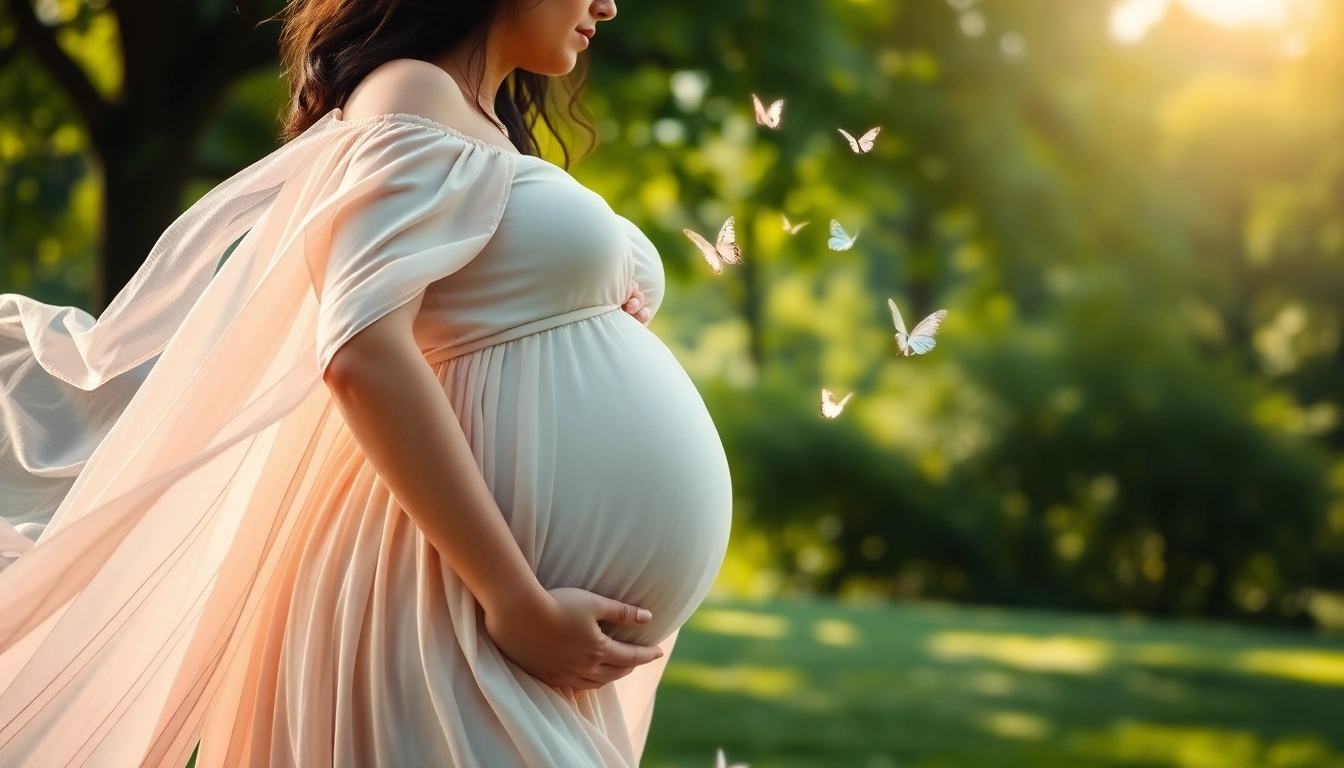 Schwangerschaftsfotografie einer werdenden Mutter in einem grünen Park mit natürlichem Licht.