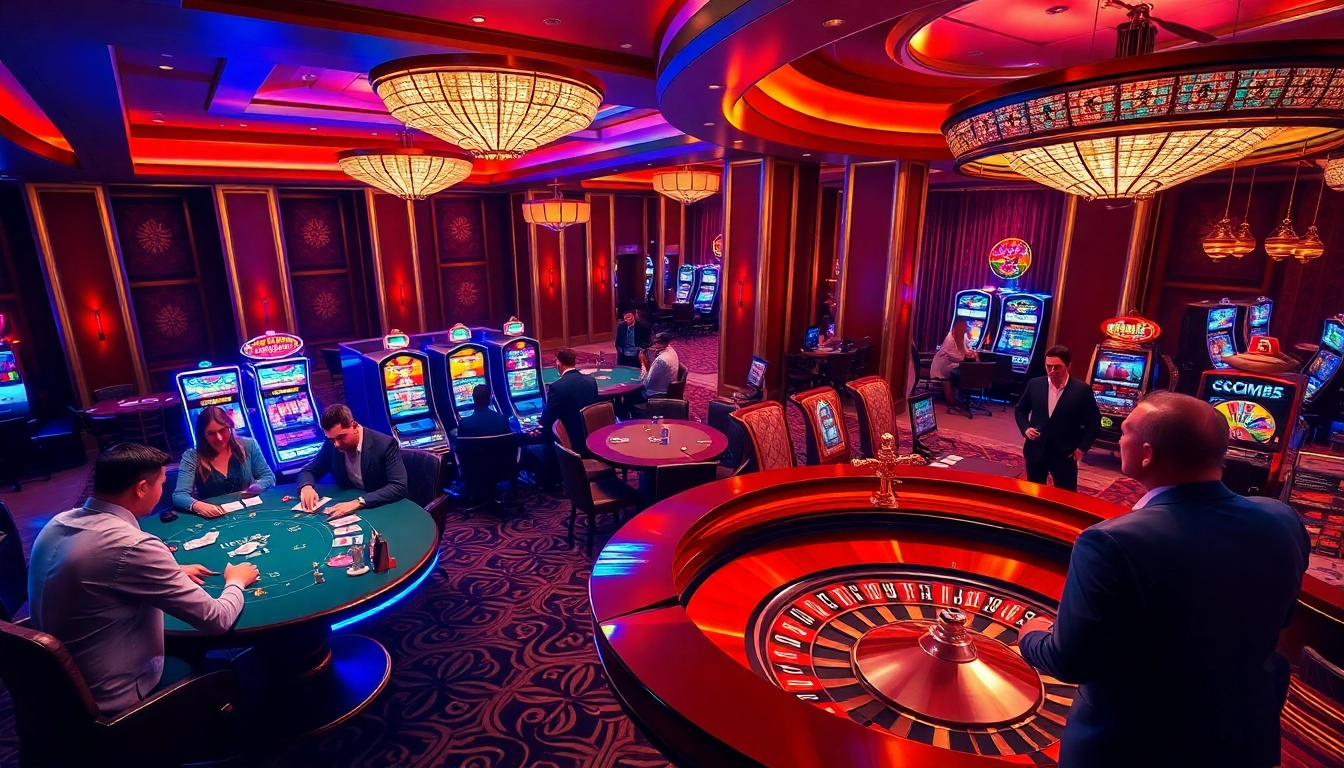 Experience the thrill of CM88 at a luxury casino with poker tables and roulette wheels.