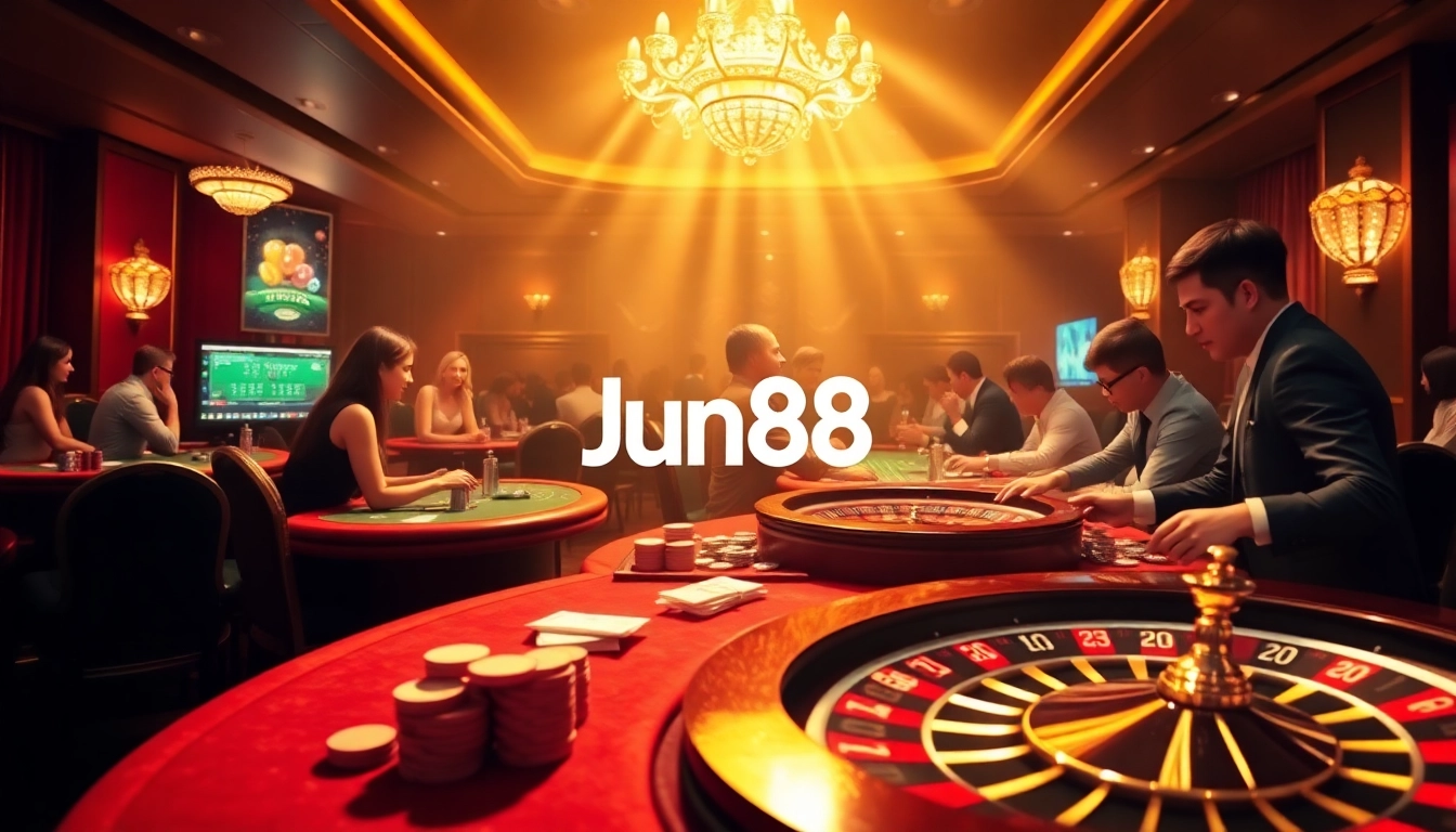 Experience thrilling action at https://jun88.pizza/ with players betting at a vibrant casino table.