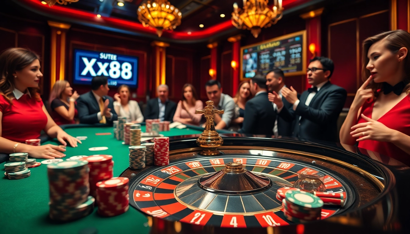 Players engage in thrilling casino action at a roulette table, featuring XX88 betting options and vibrant ambiance.