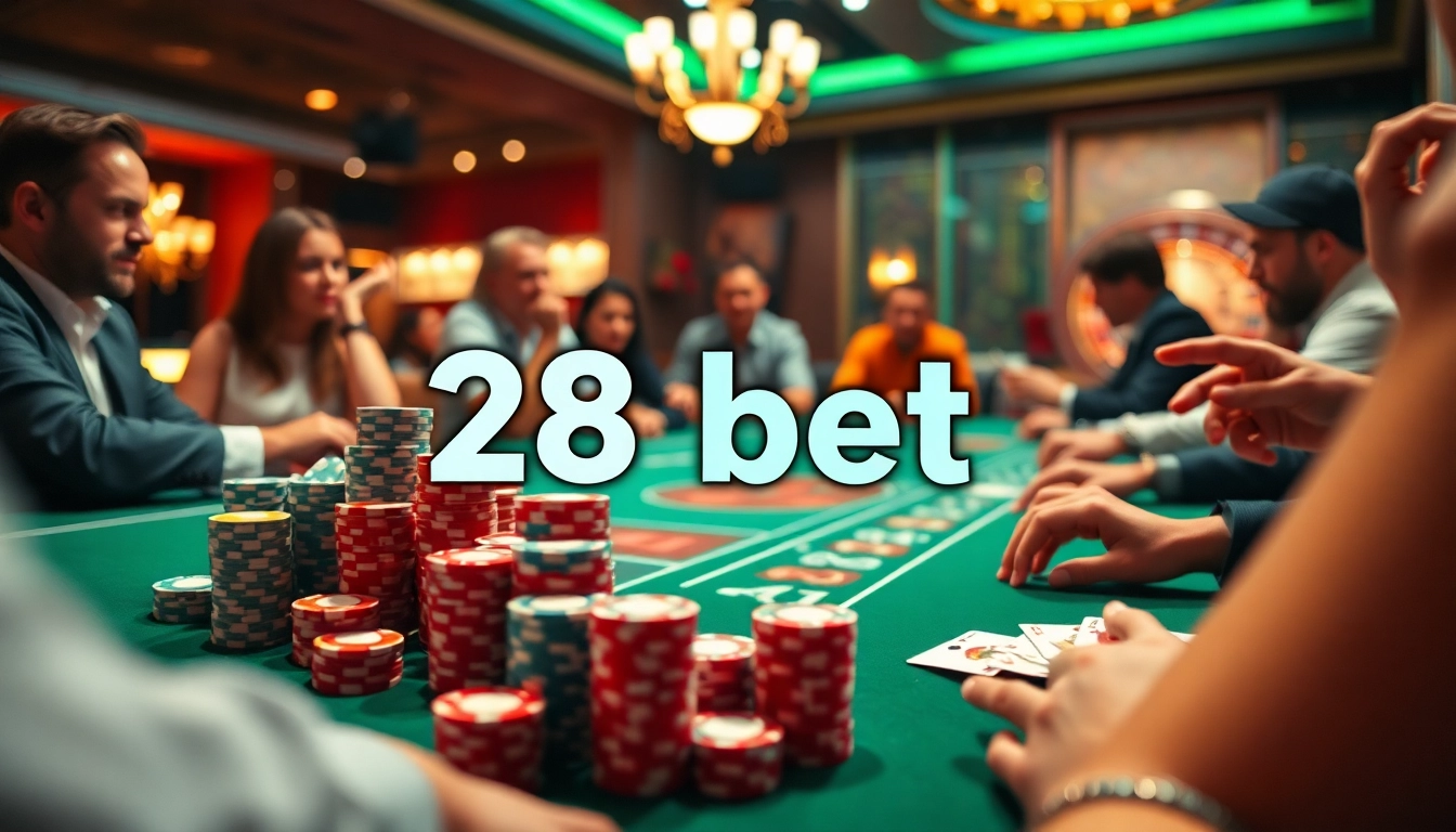 Players enjoying a lively poker game with 28 bet, surrounded by poker chips and cards in a luxurious casino.
