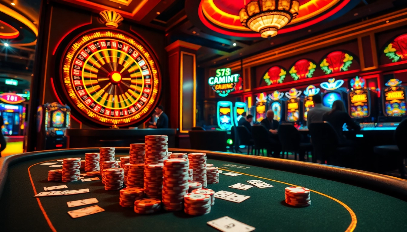 Exciting casino scene showcasing 78WIN poker table with colorful roulette and vibrant slot machines.