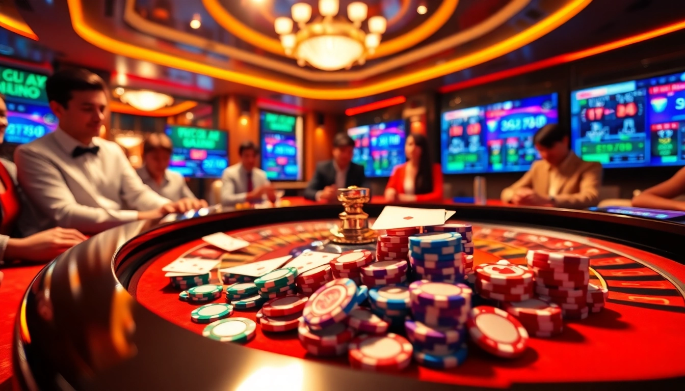 Engage in rr88 đăng nhập at a vibrant casino scene with roulette, poker chips, and exciting games.