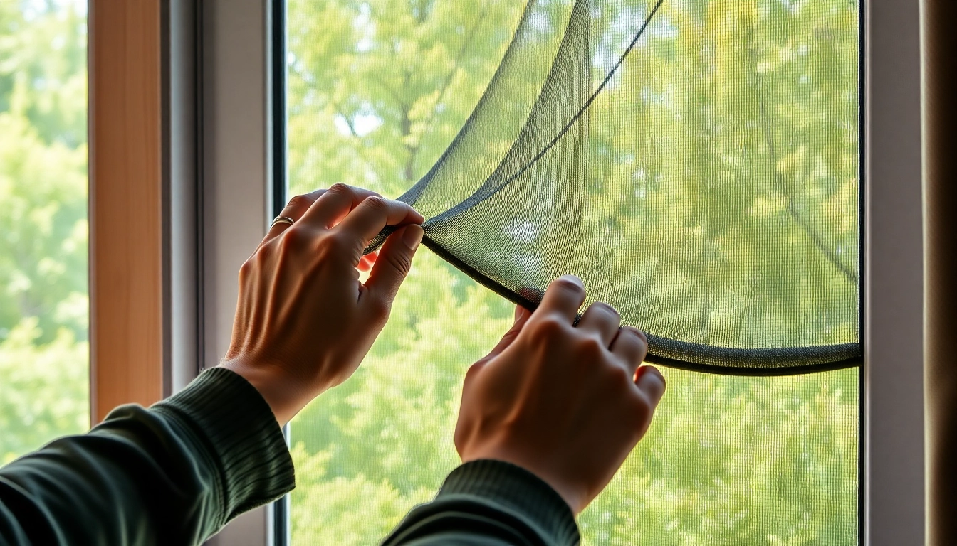 Fliegengittermaxx Installation zeigt eine Person, die ein hochwertiges Fliegengitter montiert.