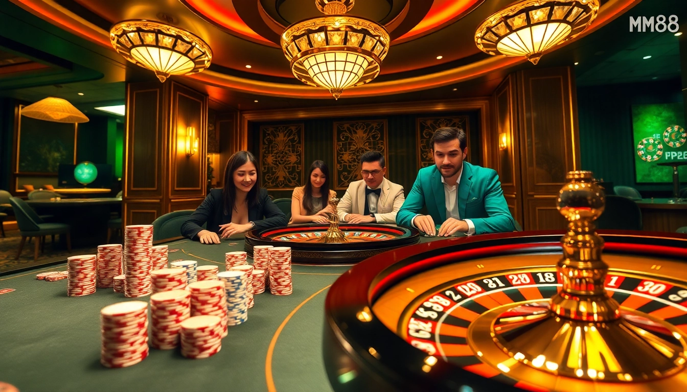 Experience the thrill of MM88 with players at a vibrant casino table engaged in high-stakes poker.