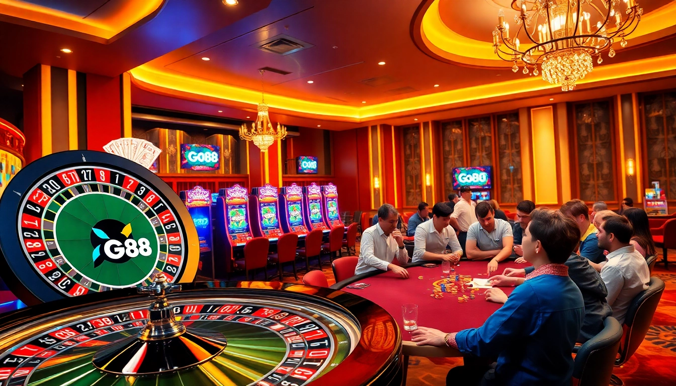 Go88 players enjoy a vibrant casino atmosphere with roulette, poker, and slot machines.