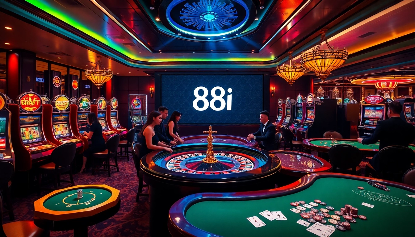 Engaged players at a casino table thrive with excitement at 88i, surrounded by colorful games and bright lights.