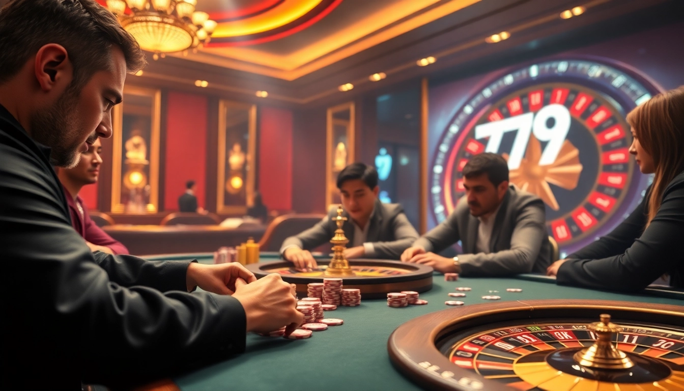 Exciting poker game at 79KING casino with vibrant chips and cards in action.