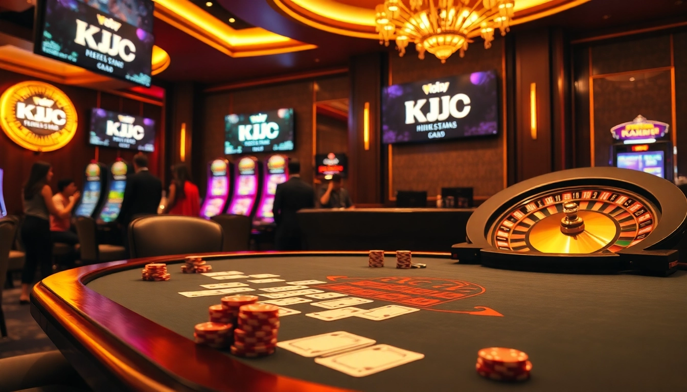 KJC casino poker table setup featuring vibrant chips and cards, exuding luxury and excitement.