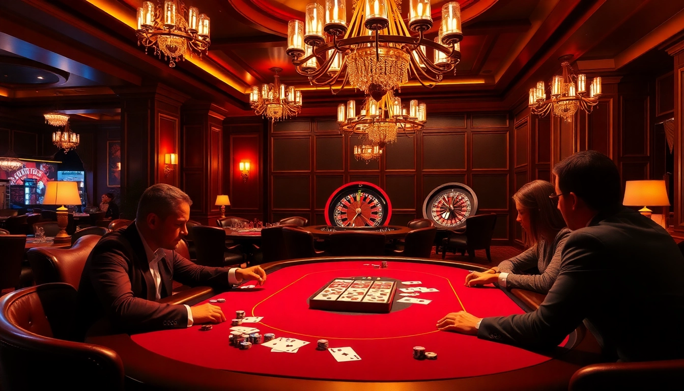 Players placing bets at a b52 poker table in a luxurious casino, surrounded by vibrant colors.