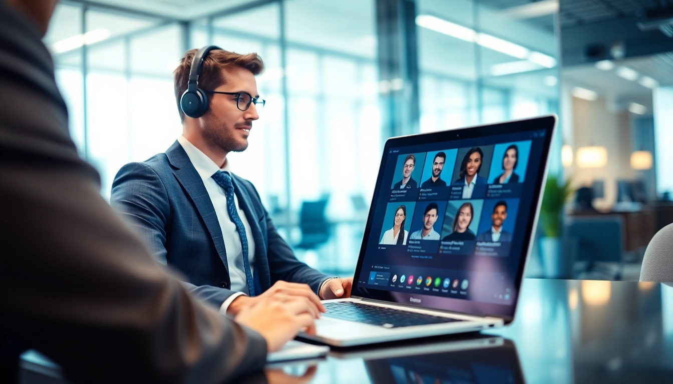 Headhunter IT recruiting top candidates through video calls in a modern office.