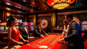 Players at a game bài table in a luxurious casino, capturing the excitement of high-stakes gambling.
