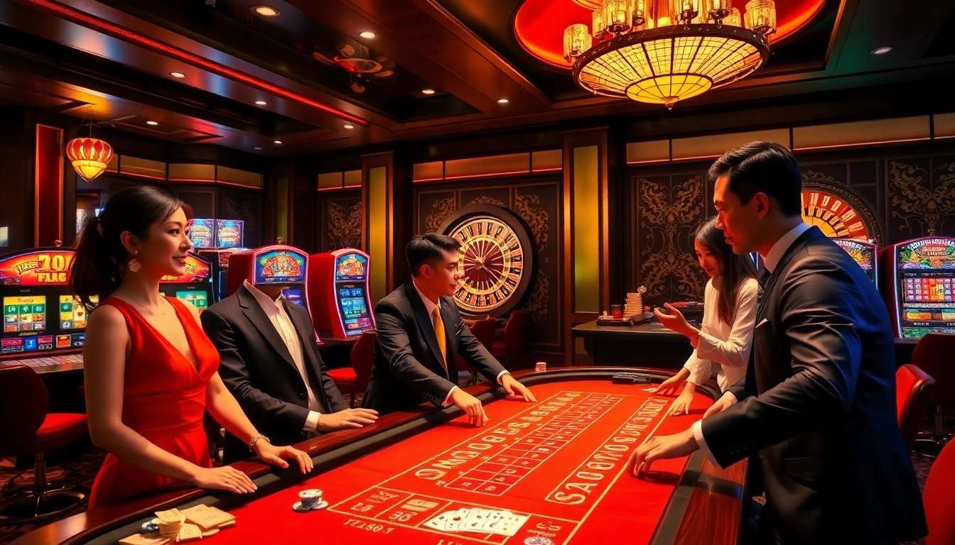 Players at a game bài table in a luxurious casino, capturing the excitement of high-stakes gambling.