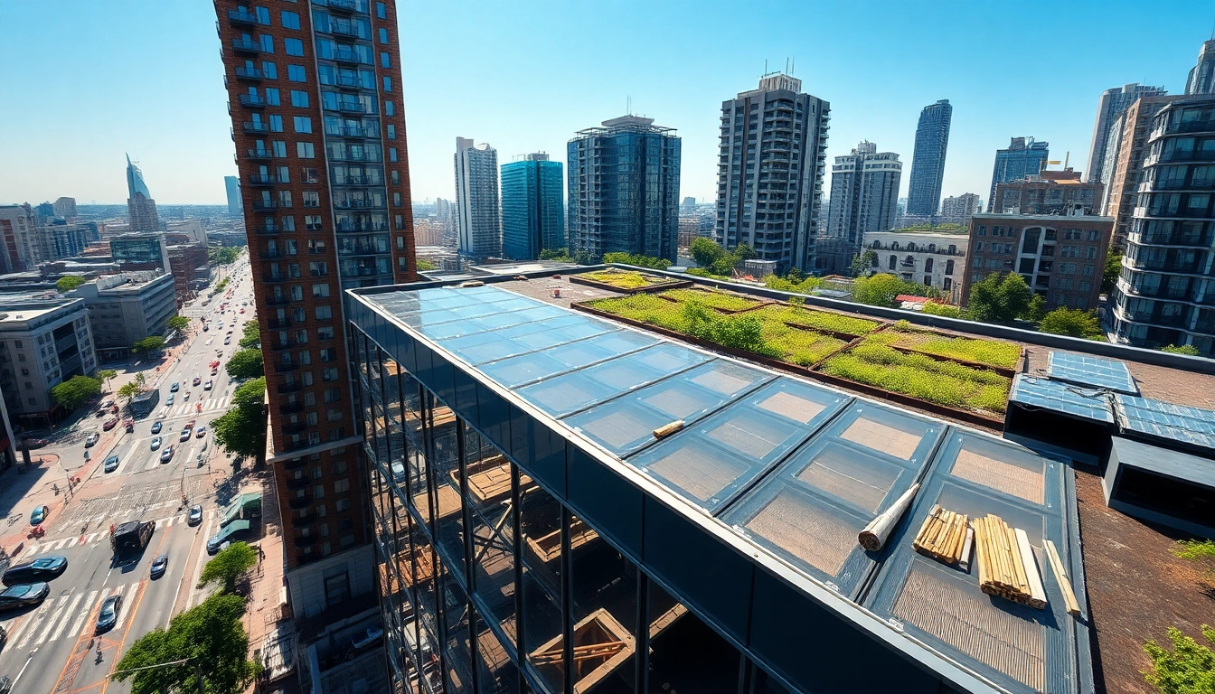 Flachdachsanierung ohne Ausführung zeigt innovative Materialien und urbanes Umfeld.