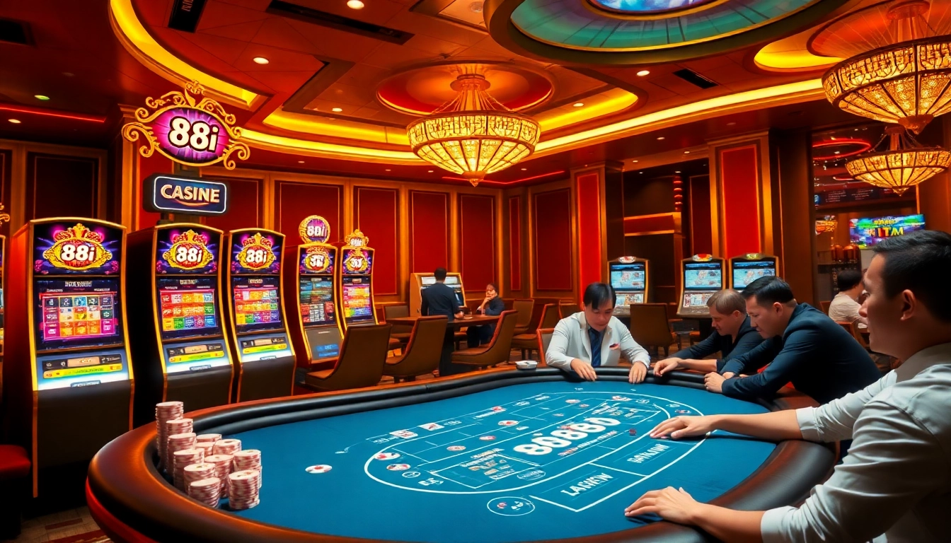 Players enjoying the excitement of the 88i game at a vibrant casino setting with colorful machines and chips.