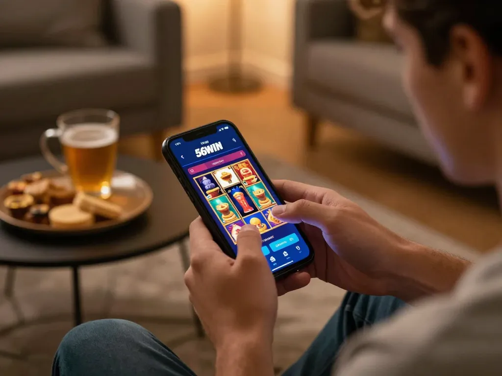 Gambling on the 56WIN app for an engaging online gaming experience at home.