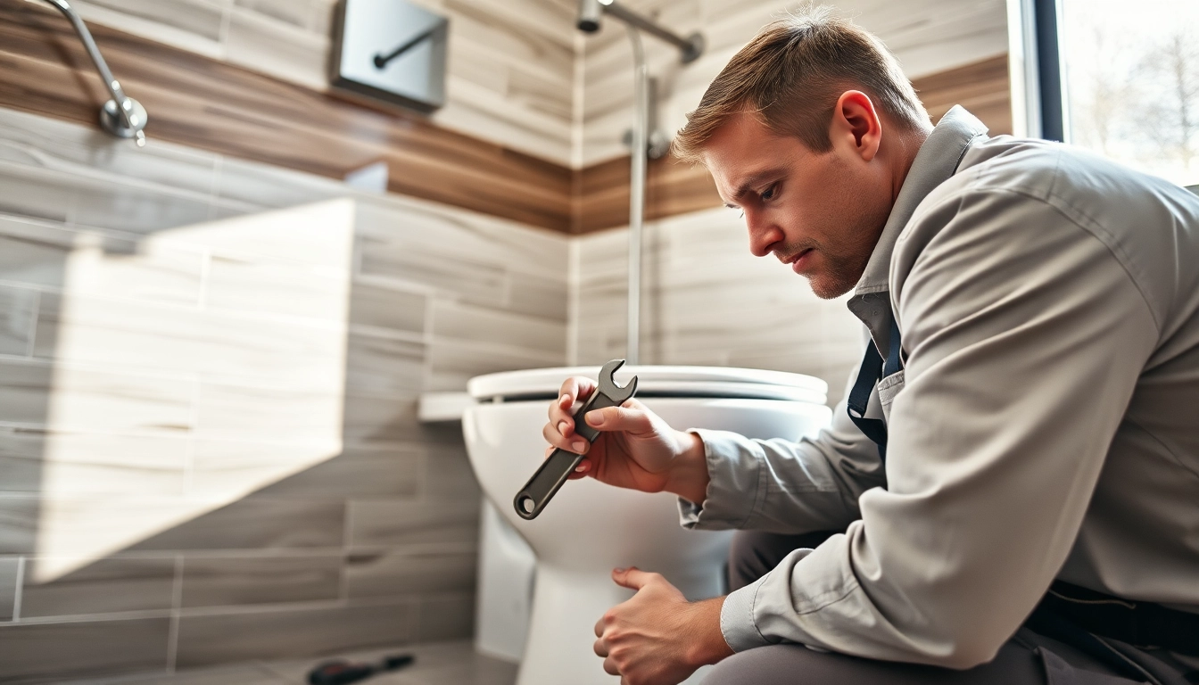 Fixing toilet repair, a technician inspects the toilet in a modern bathroom.