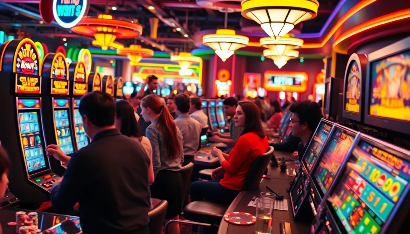 เล่นสล็อตออนไลน์ในบรรยากาศคาสิโนที่มีผู้เล่นตื่นเต้นและเครื่องสล็อตหลากสี