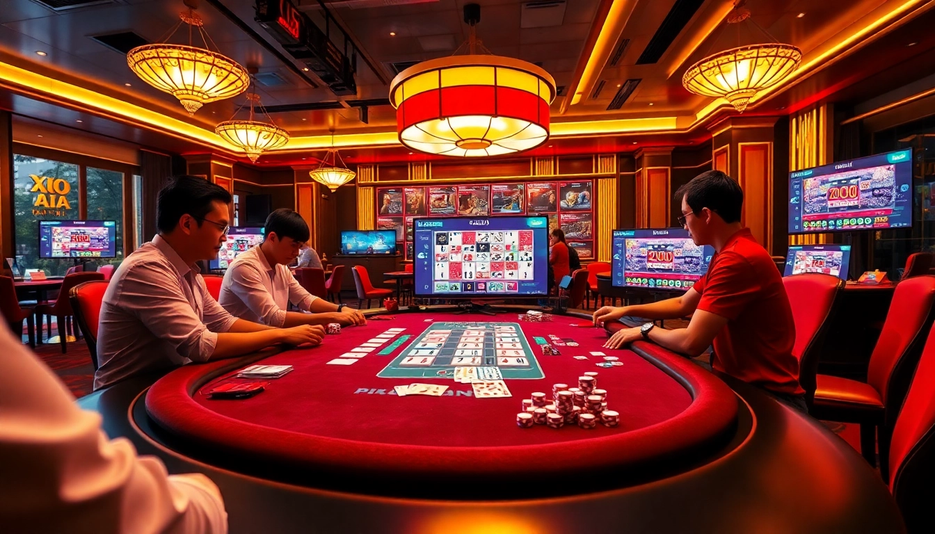 Xocdia88 players enjoying a thrilling game at the modern gambling table surrounded by vibrant decor.