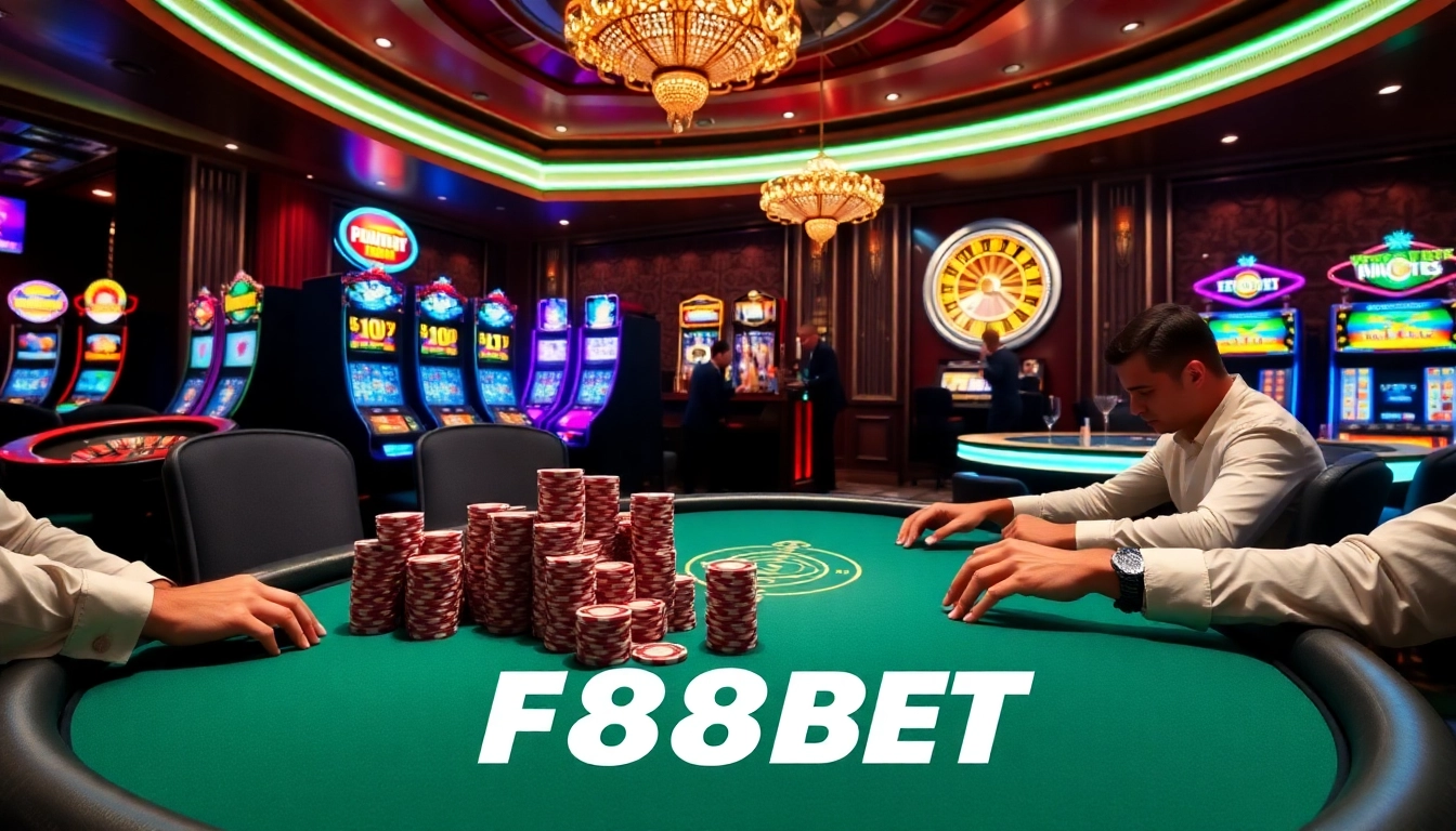 Experience the excitement of gambling at F88BET with vibrant casino visuals and poker action.