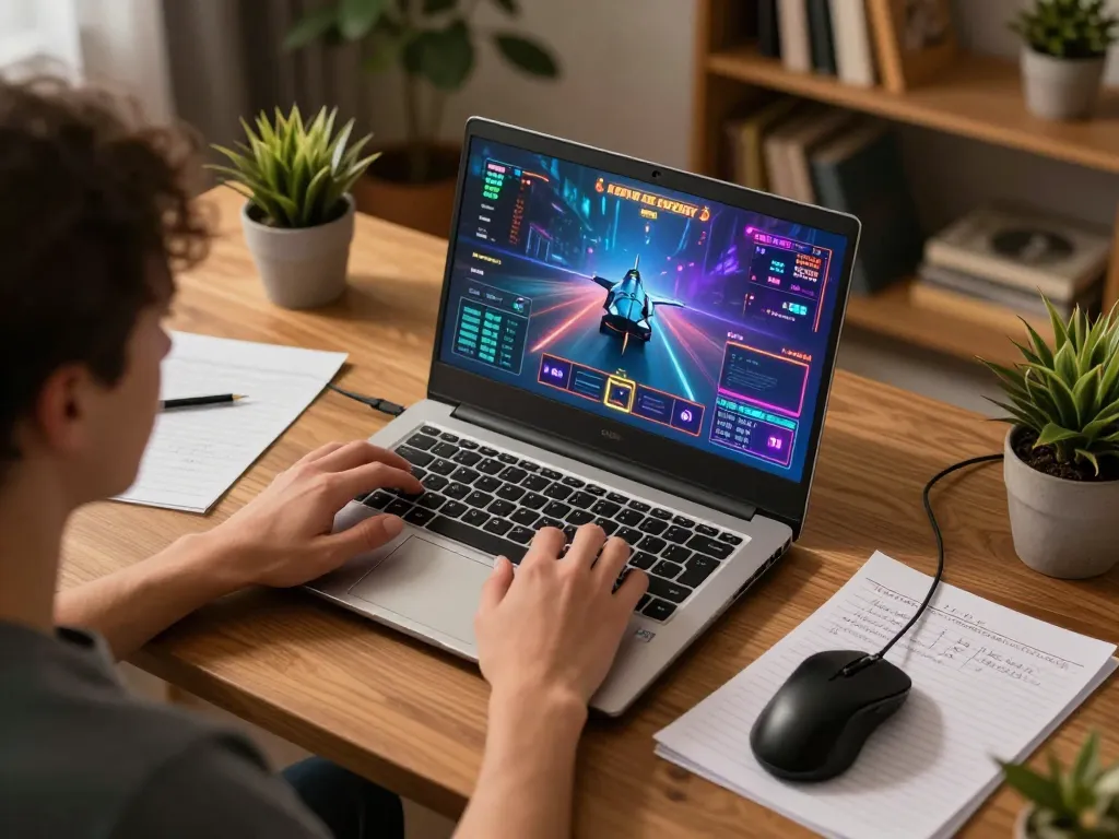 Playing F168 game on a laptop in a cozy home setting with notes and gaming accessories visible.