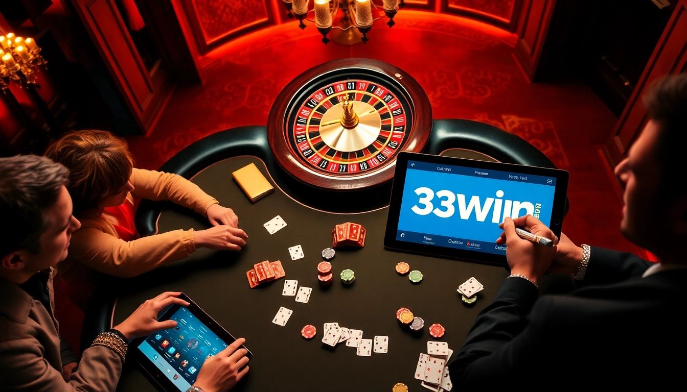 Players experience thrilling poker action at a luxurious 33win casino table, showcasing strategy and excitement.