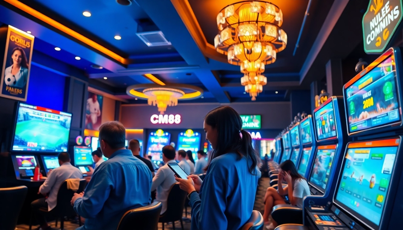 Engaged players enjoying the CM88 online gambling experience in a luxurious gaming lounge.