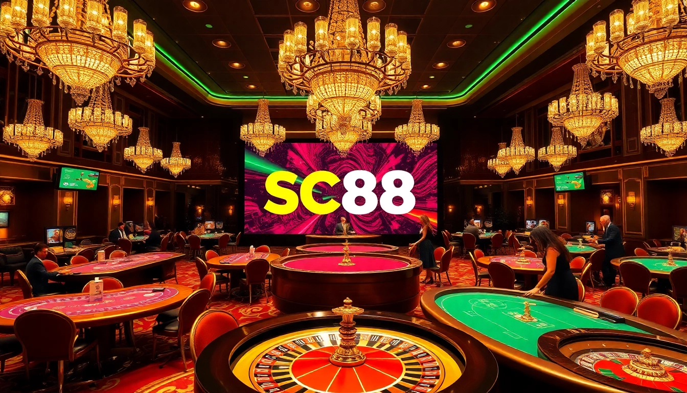 Casino scene with players and SC88 gambling interface in vibrant colors.