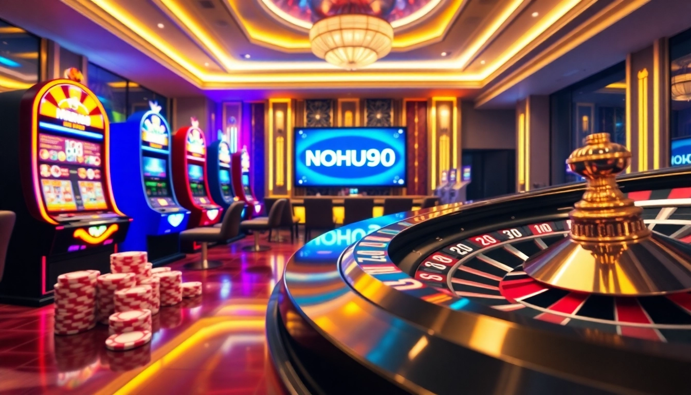 Experience the excitement of NOHU90 at a colorful casino filled with slot machines and poker chips.