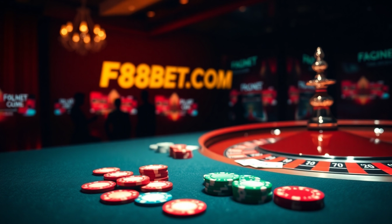 Winning experience at F8BET COM casino table with poker chips and cards.