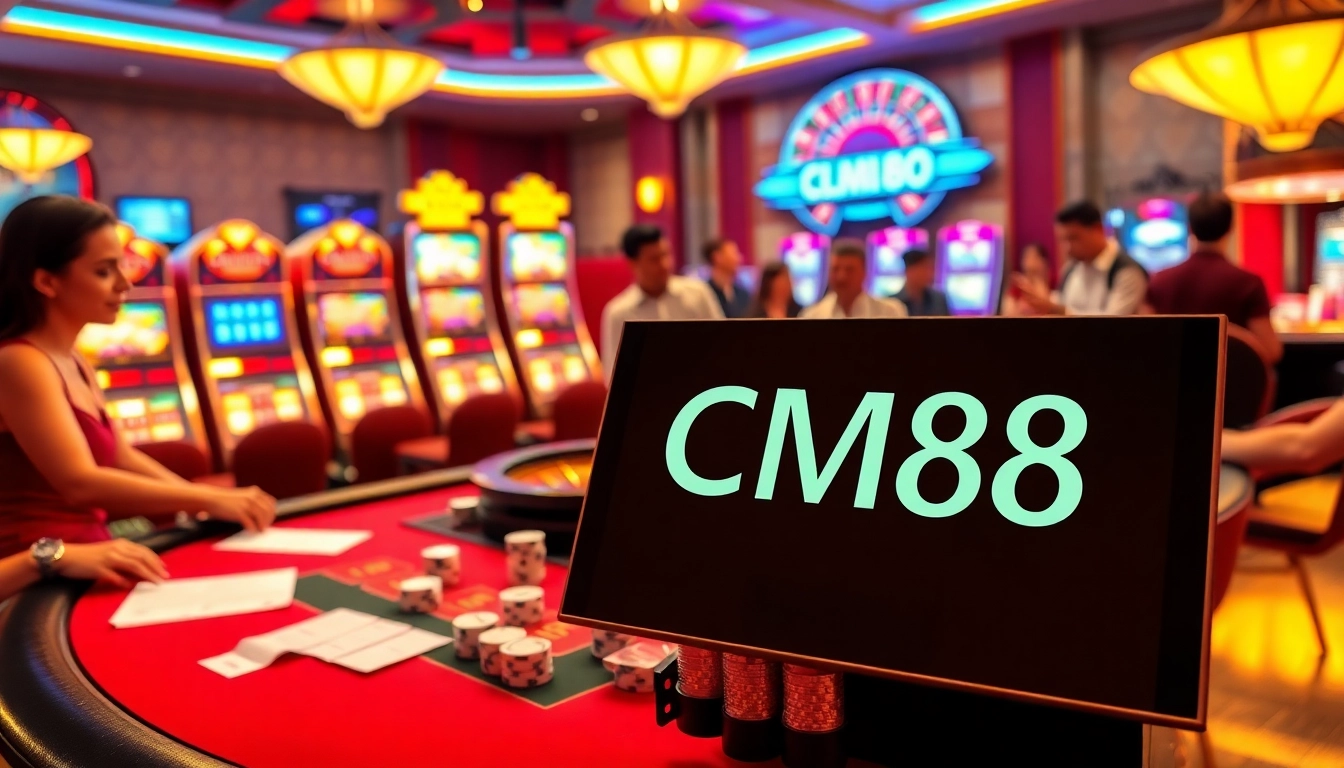 Players engaging in high-stakes poker at a luxurious casino table adorned with CM88 chips.