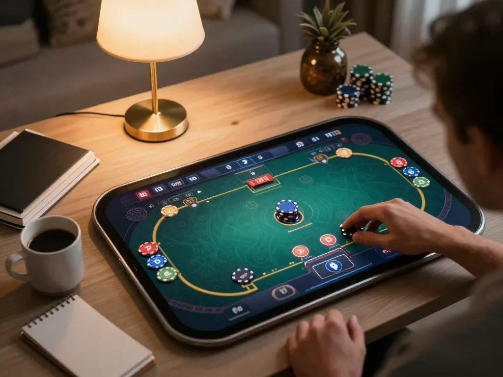 Player strategizing in online poker on Go8 vin platform with cozy setup, emphasizing focus and comfort