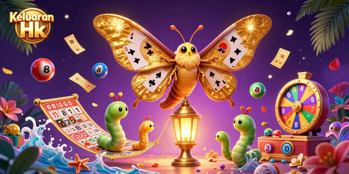 Keluaran Hk showcases a dynamic scene with a moth and colorful lottery elements celebrating big wins.
