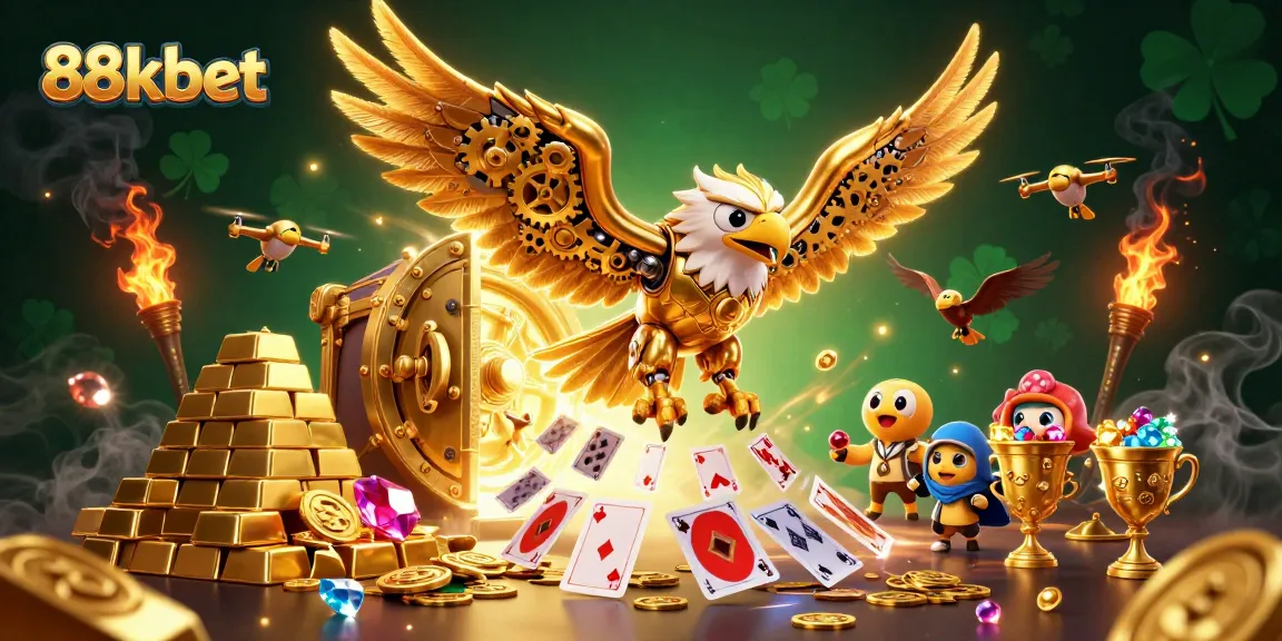 Engage with the thrilling action of 88kbet as a golden eagle soars through a cascade of holographic cards.