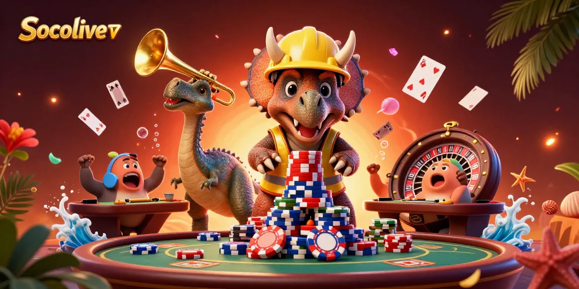 Socolive TV immerses players in excitement with a vibrant poker-themed scene featuring animated dinosaurs.